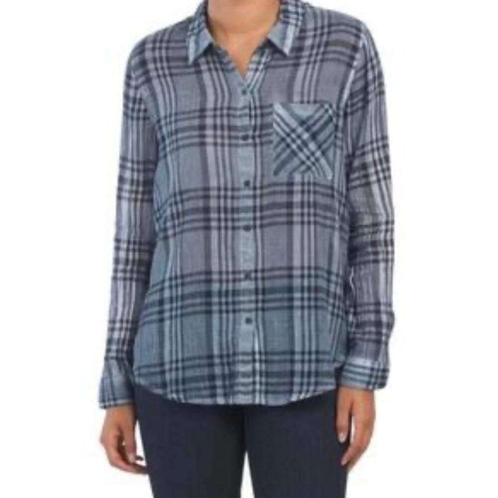 LUCKY BRAND Blue Chambray Pinstripes 100% Cotton Button Down Top Size Small